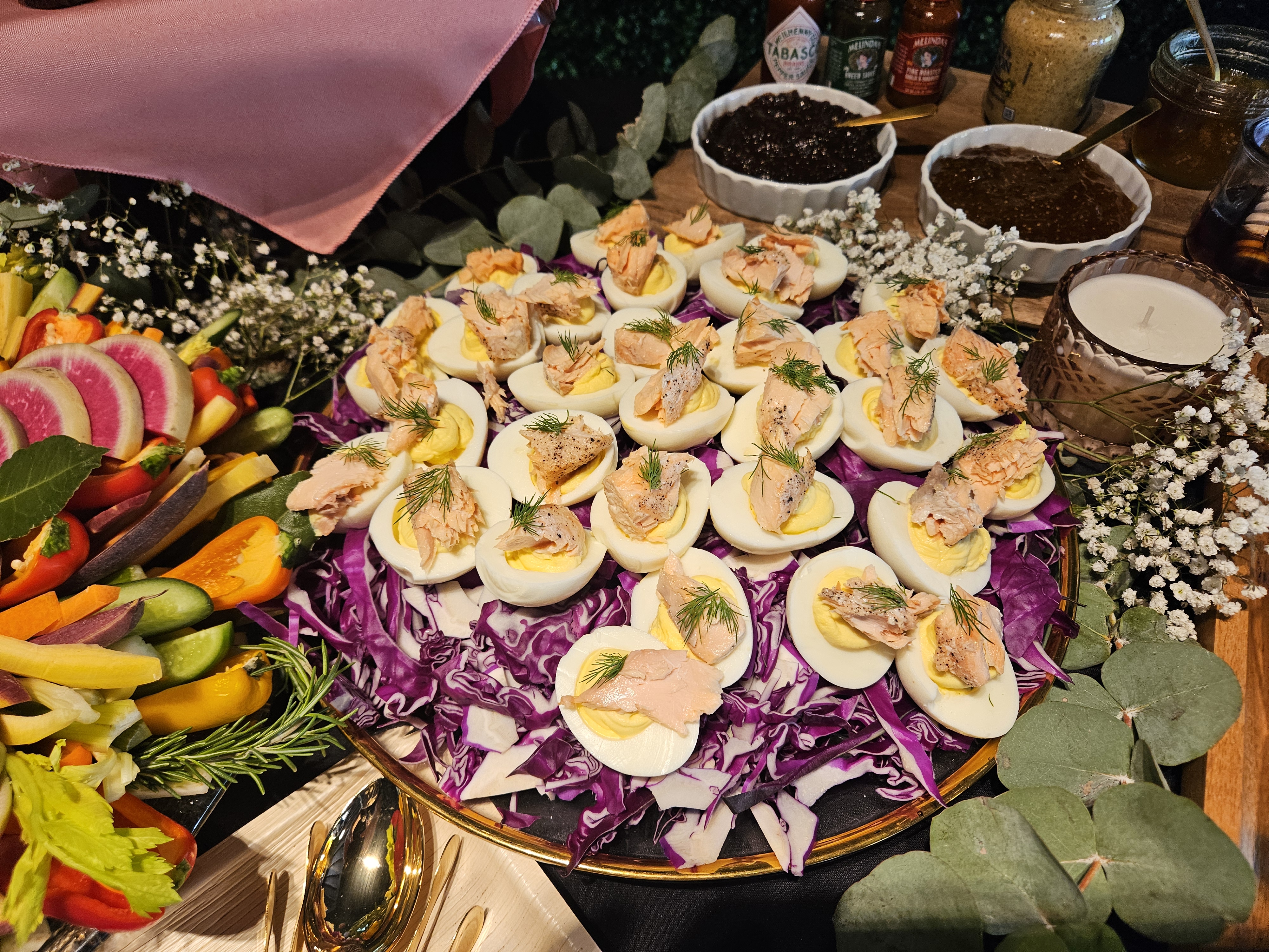 A delicious spread of various catered dishes